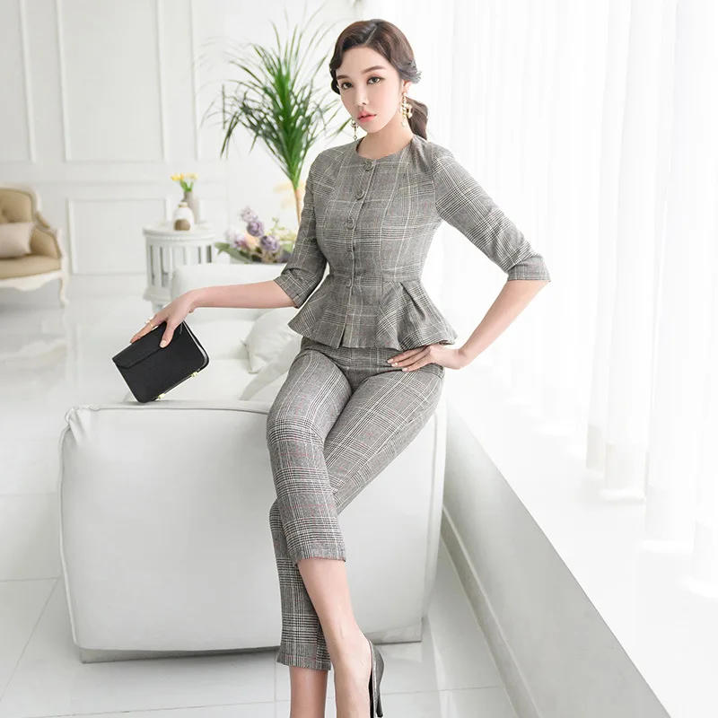 

WOMEN'S Dress 2018 Debutante Fashion Casual Plaid Business Suit Elegant Capri Pants Skinny Pants Two-Piece Set