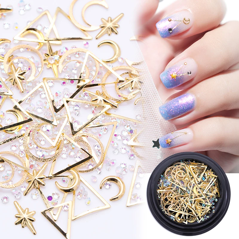 

1 Box Metal Nail Art Studs Gold Silver Color Rivet Beads AB Color Rhinestones Star Moon Shape Nail Studs 3D Nail Art Decoratio