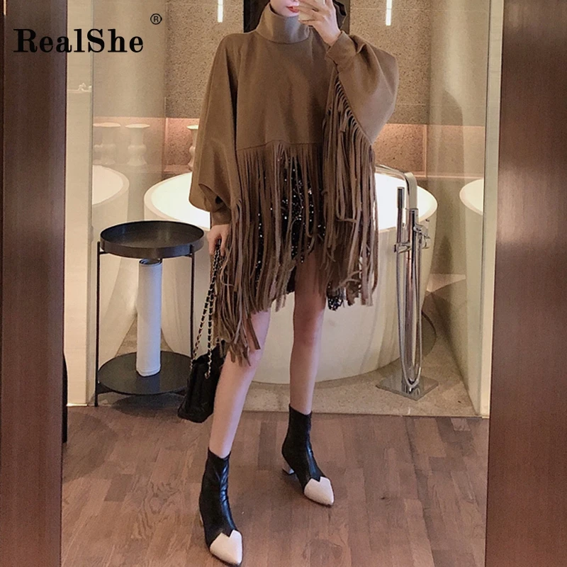 RealShe, водолазка, свитер для женщин,, длинный рукав, однотонный, с кисточками, Свитера для девушек, мантия, весна, Повседневный, свободный свитер, Женский пуловер
