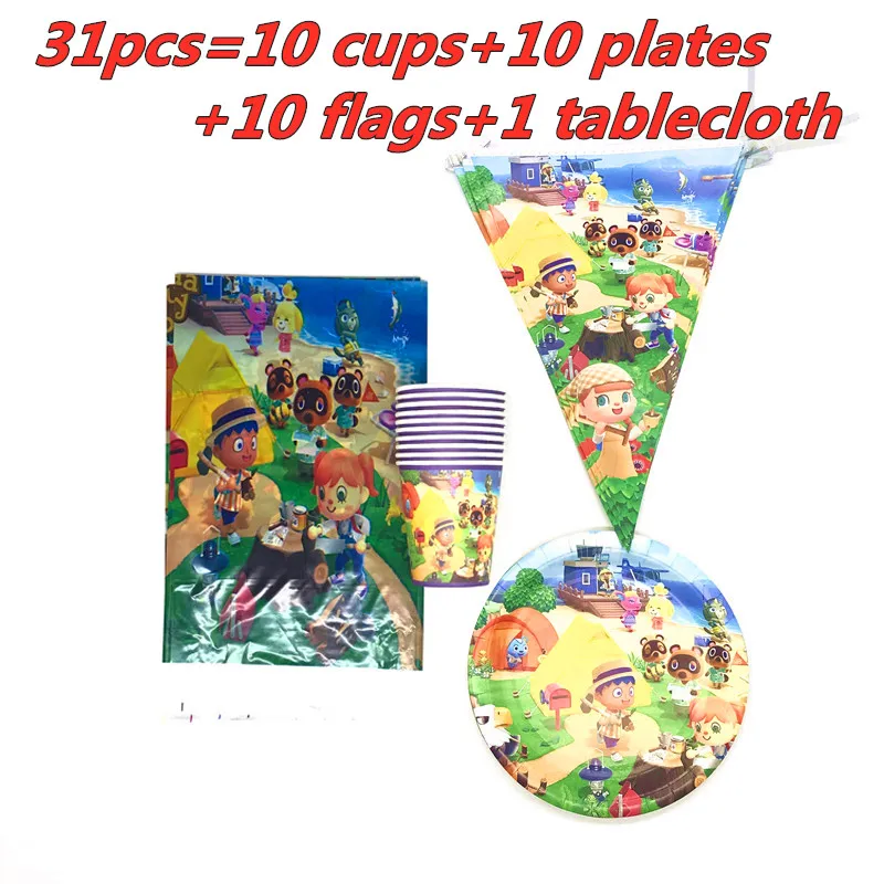 Animal Crossing New Horizons Game Party Decorations Disposable Tableware Happy Birthday Flag Cup Plate Tablecloth Party Supplies 