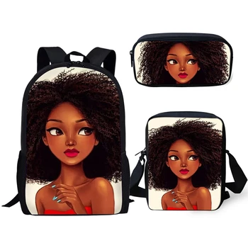 

Primary Students Cartoon Backpack Black African Girls Pattern Kids School Bags Afro Arts Designer 3PCs/Set Book Bags