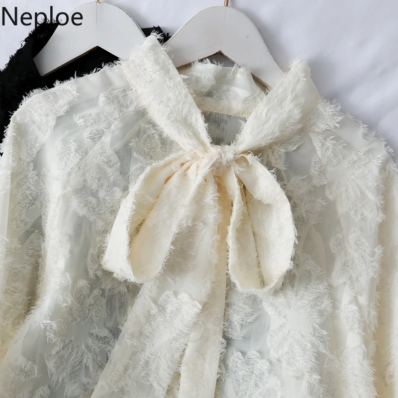 Neploe, рубашка на шнуровке с бантом и воротником, с кисточками, на осень и весну, новинка, расклешенная однотонная блузка с длинным рукавом, свободная элегантная рубашка с "рубашка" 48066"