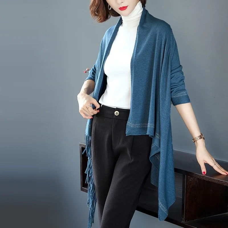 Vintage Ethnic Style Irregular Sweaters Cardigan Women Colorful Tassel Knitting Shawl Sweater Outwear Loose Knitwear AA5049