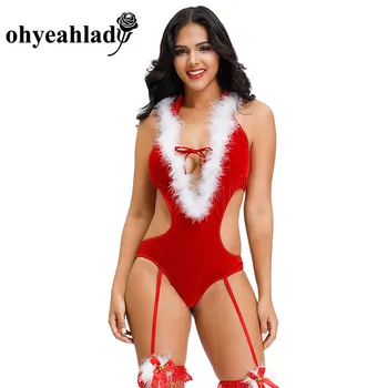 

Ohyeahlady Deep V-neck Christmas Romper Costume Halter Fancy Teddy Lingeries Backless Women Belt Exotic Feathers Cosplay SJ9061
