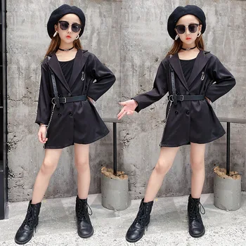 

Girls Jacket-dress Autumn New Long Sleeve Black Retro Overalls Jackets Dress with Belt Teen Girls Clothing 10 12 Years Outfits