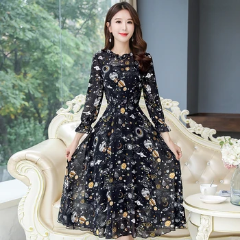

Women Long dress Chiffon Stand Neck Print Slim A Word Over-the-knee Fungus Dresses Navy Black 2527