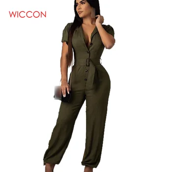 

2020 Summer New Arrival Sexy Women Jumpsuits Solid O-neck Short Sleeve With Belt Ladies Rompers