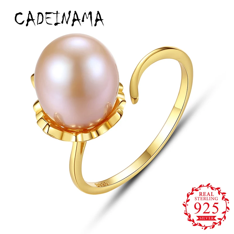 

CADEINAMA Women Solid 925 Sterling Silver Ring Natural Freshwater Pearl Resizable Ring Girl 10-11 mm Water Drop Pearl 18k Gold