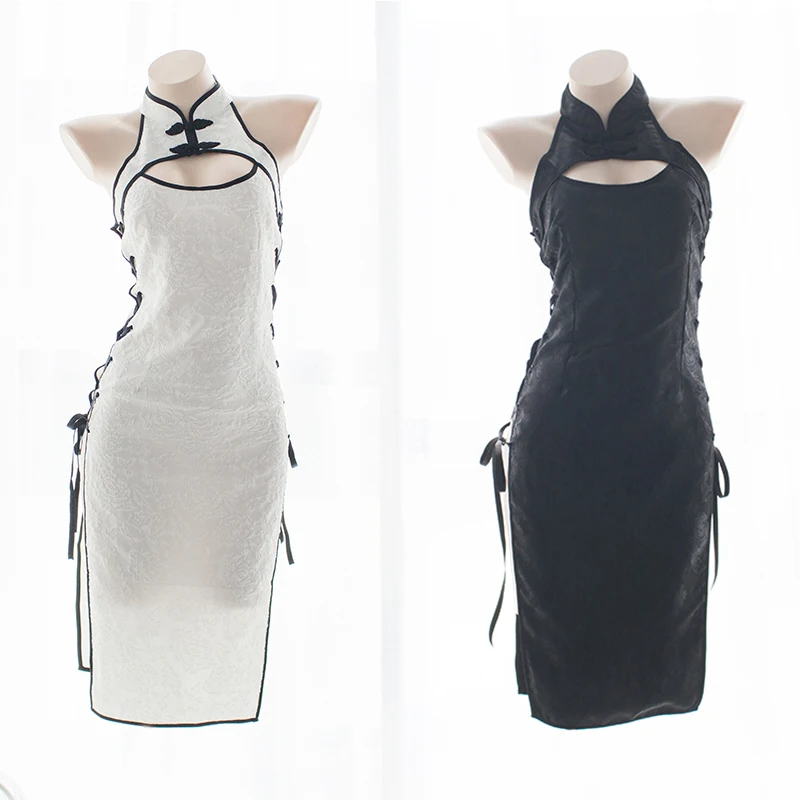 Womens-Sexy-Cosplay-Costume-Cheongsam-Lingerie-Strappy-Corset-Nightie-Sleepwear-Underwear-Dress-White-Black