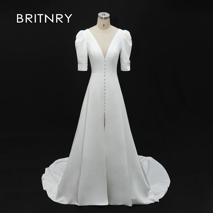 BRITNRY 2019 New Real Photo High Quality Simple Bridal Gown Custom Made Satin Sleeveless with Bow Wedding Ddresses