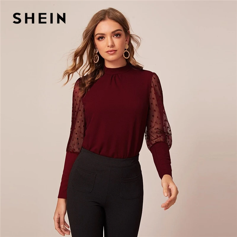 Ceny SHEIN zgredek Mesh leg of baranina rękaw Top kobiety wiosna jesień dziurka solidna stojak kołnierz bluzki i topy