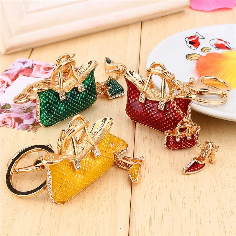 

Gorgeous Fashion Diamond Keychain Enamel Alloy Double Bag High-Heeled Shoes Key Ring for Women Girl