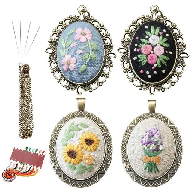 Ready to Ship: Hand Embroidered Wildflowers Necklace, Boho Embroidery Round Pendant Statement Jewelry, Mother's Day Gift