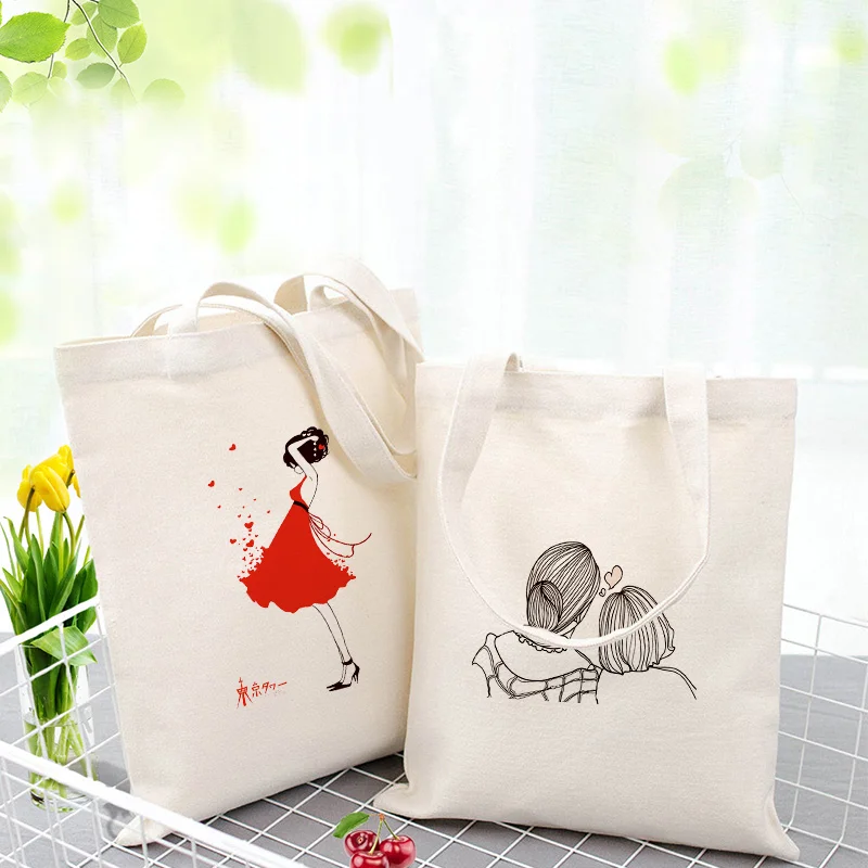 

illustration girl Tote Bag Shopping Bag Custom Print Logo Text DIY Daily Use Eco Ecologicas Canvas Reusable Recycle Handbag