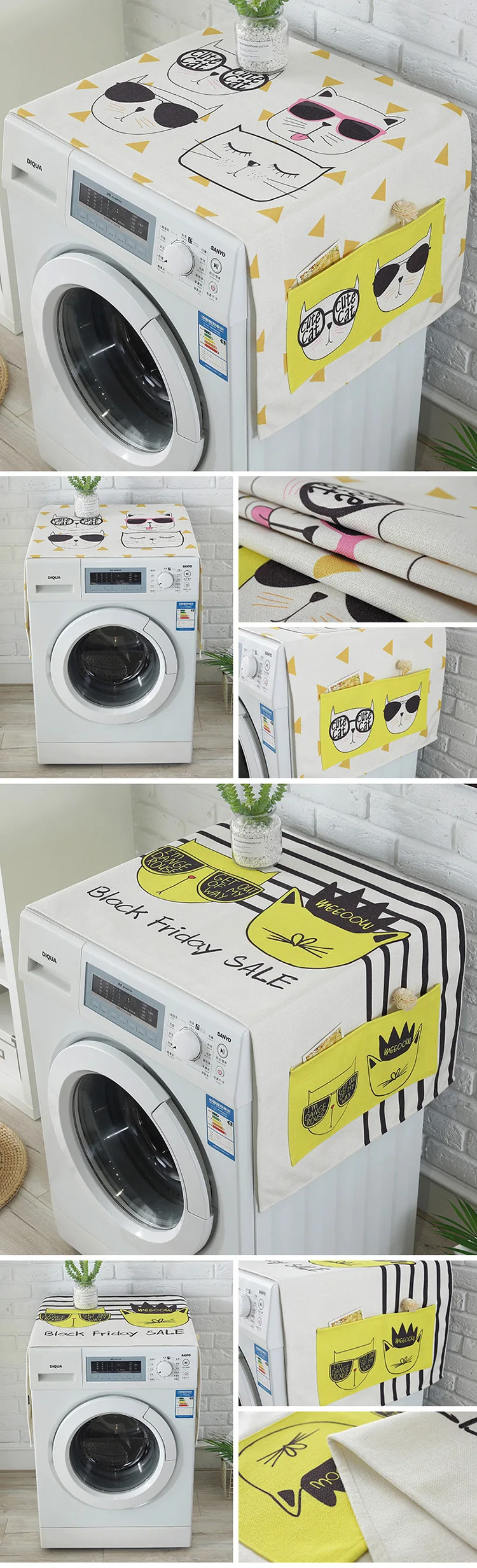 Cartoon Cat Washing Machine Cover Refrigerator Cover Dustproof Waterproof Cover Cotton Linen Bedside Table Cover Towel Microwave