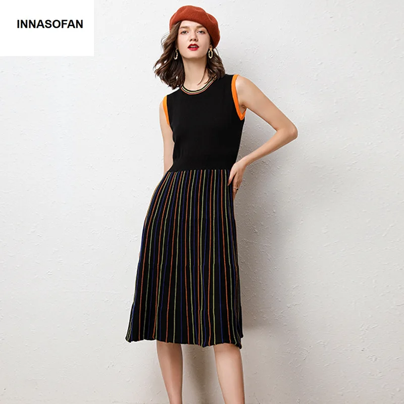 

INNASOFAN Knitted Pleated Dress Women Autumn Winter Dress High Waist Euro-American Fashion Chic Sleeveless Dress