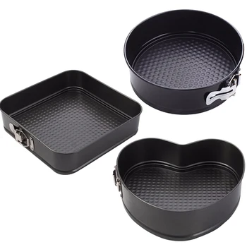 

HOT-3Pcs/Set Non-Stick Spring Pan Detachable Bottom Baking Tray Carbon Steel Cake Mould Round/Heart Shape/Square Cake Baking Tra