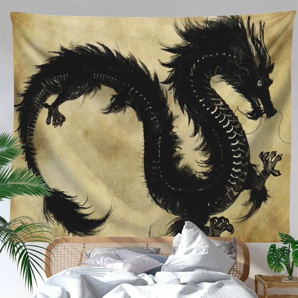 

Black Dragon Art Tapestry Wall Hanging Anime Painting Pattern Mandala Wall Fabric Psychedelic Gothic Home Decoration Wall Carpet