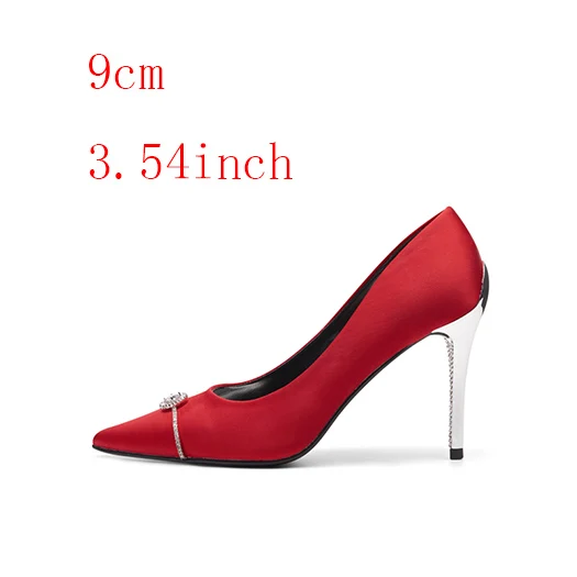 Red 9cm Модельные туфли-лодочки со стразами размера плюс на высоком каблуке; женская обувь на шпильке; Новинка; атласная пикантная женская обувь с острым носком; стразы 8 см - Цвет: Red 9cm