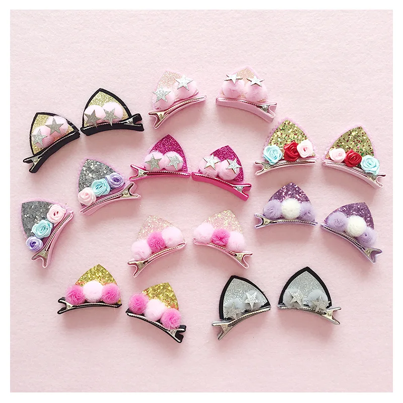 

2pcs/set Cute Hair Clips For Girls Glitter Rainbow Felt Fabric Flowers Hairpins Cat Ears Bunny Barrettes Kids Hair Accessories