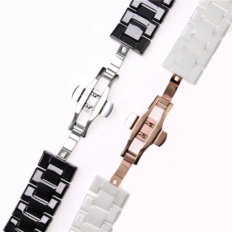 Ceramic Watch Strap Band Bracelet with Butterfly Clasp - Black/White, 18mm/22mm