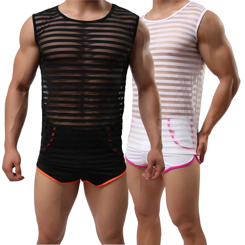 

New Fashion Chiffon Mesh Transparent Men Sexy Fitness Bodybuilding Stripes Tank Tops/Gay Sleeveless Singlets/Sheer Vest