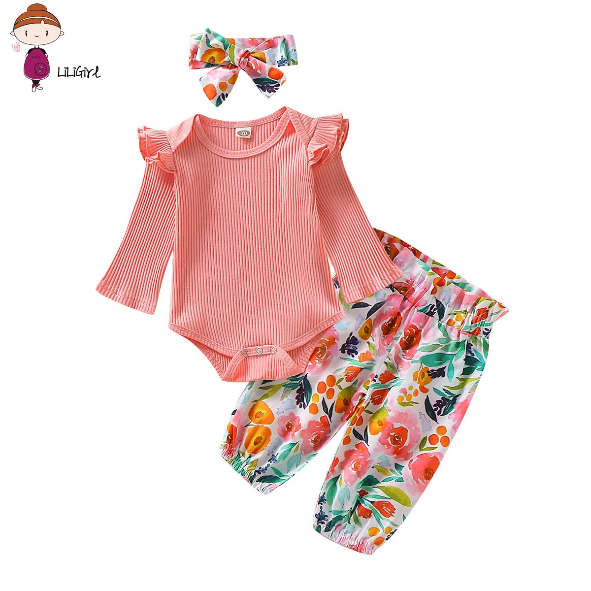 

Baby Girls Long Sleeve Ruffles Solid Bodysuits + Floral Print Pants + Headband Kids 3Pcs Suits Infant Clothing Sets Autumn