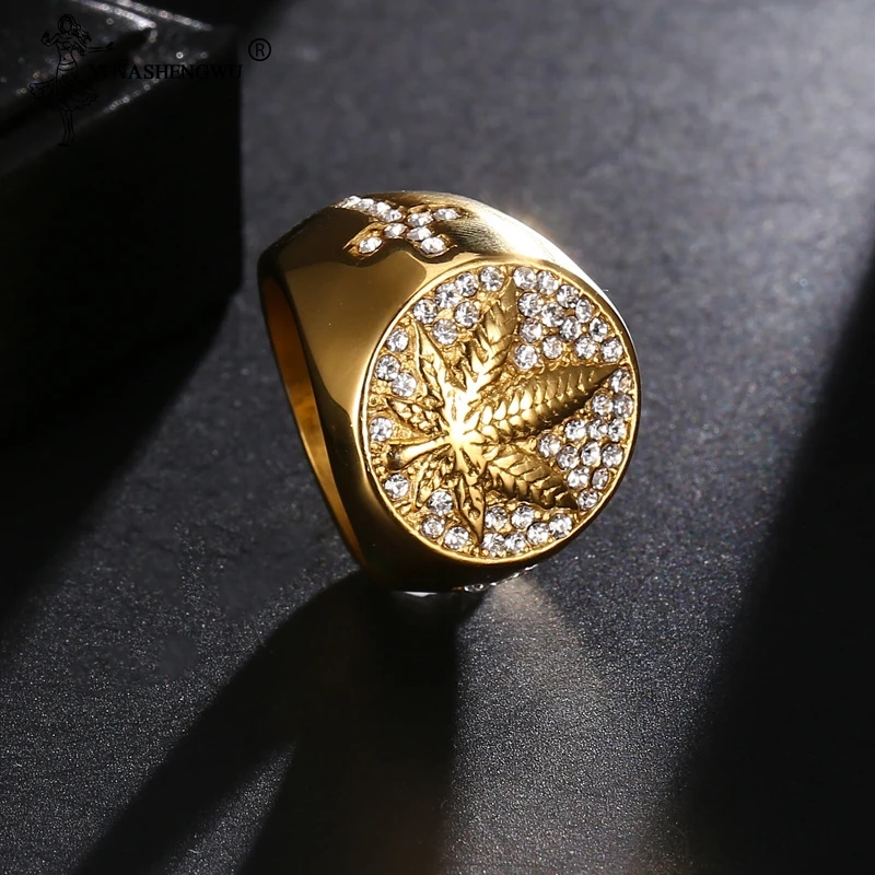 

HIP Hop Iced Out Bling Gold Color Stainless Steel Ring Micro Paved Rhinestone Weed Maple Leaf Ring For Men Jewelry Anillo Hombre