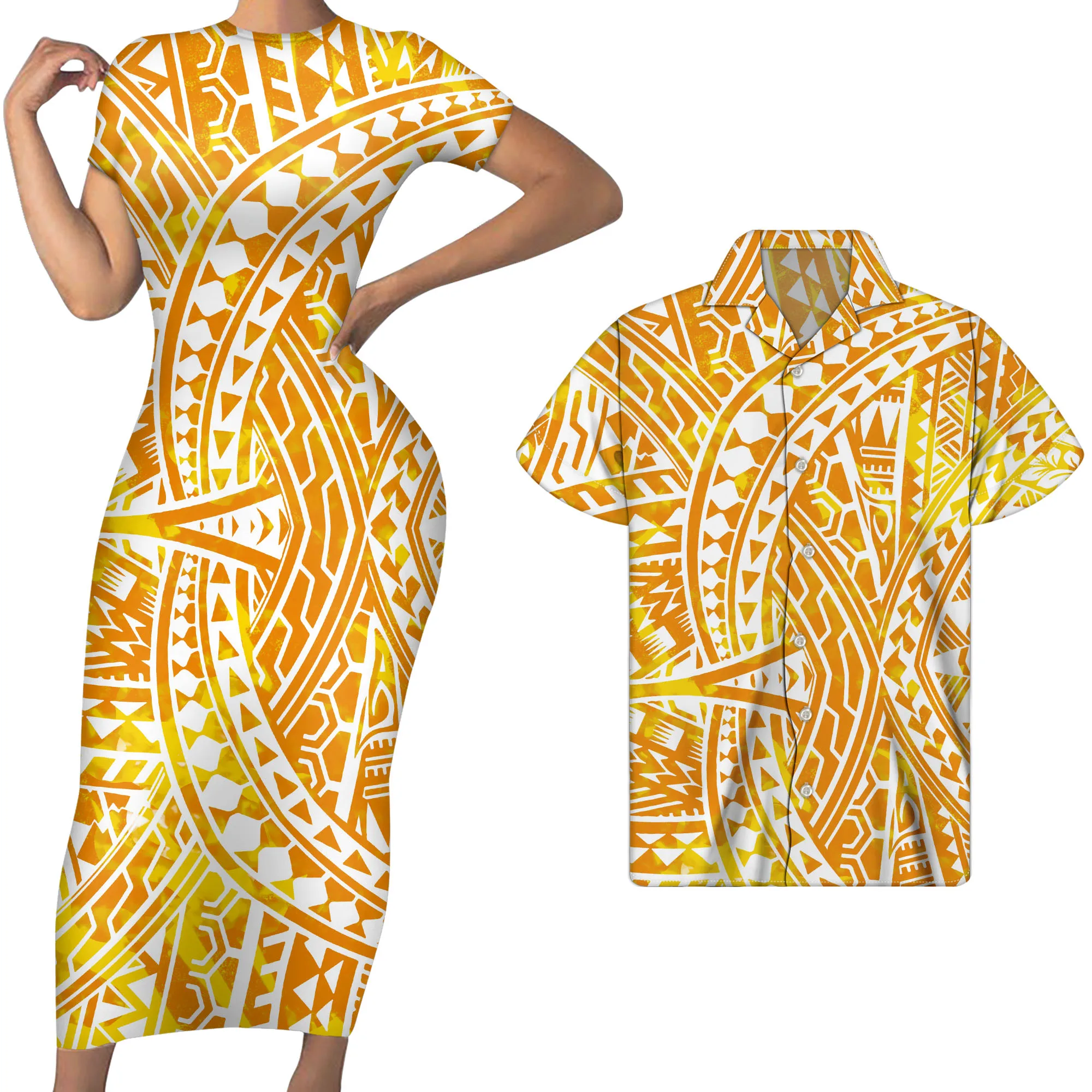 

Cumagical Polynesian Yellow Stripe Design Print Sexy Party Dress Women Bodycon Maxi Dress Short Sleeve For Women