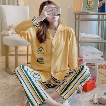 

Autumn Long Sleeve Pants Cartoon Printed Sleepwear Suit Cardigan Casual Loose Home Wear Set Women Clothes Pajamas