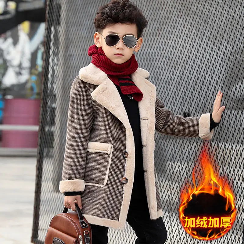 Boys thick mid-length coat children3-14years old tartan coat children winter plush warm plus velvet baby children's clothin