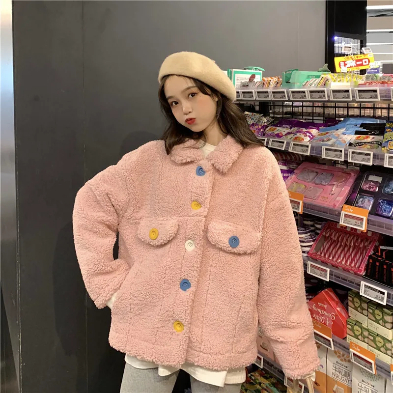 

Autumn And Winter 2019 New Style Hipster Sense of Design Button Loose-Fit Laziness-Style Faux Lambswool Long Sleeve Cotton Coat