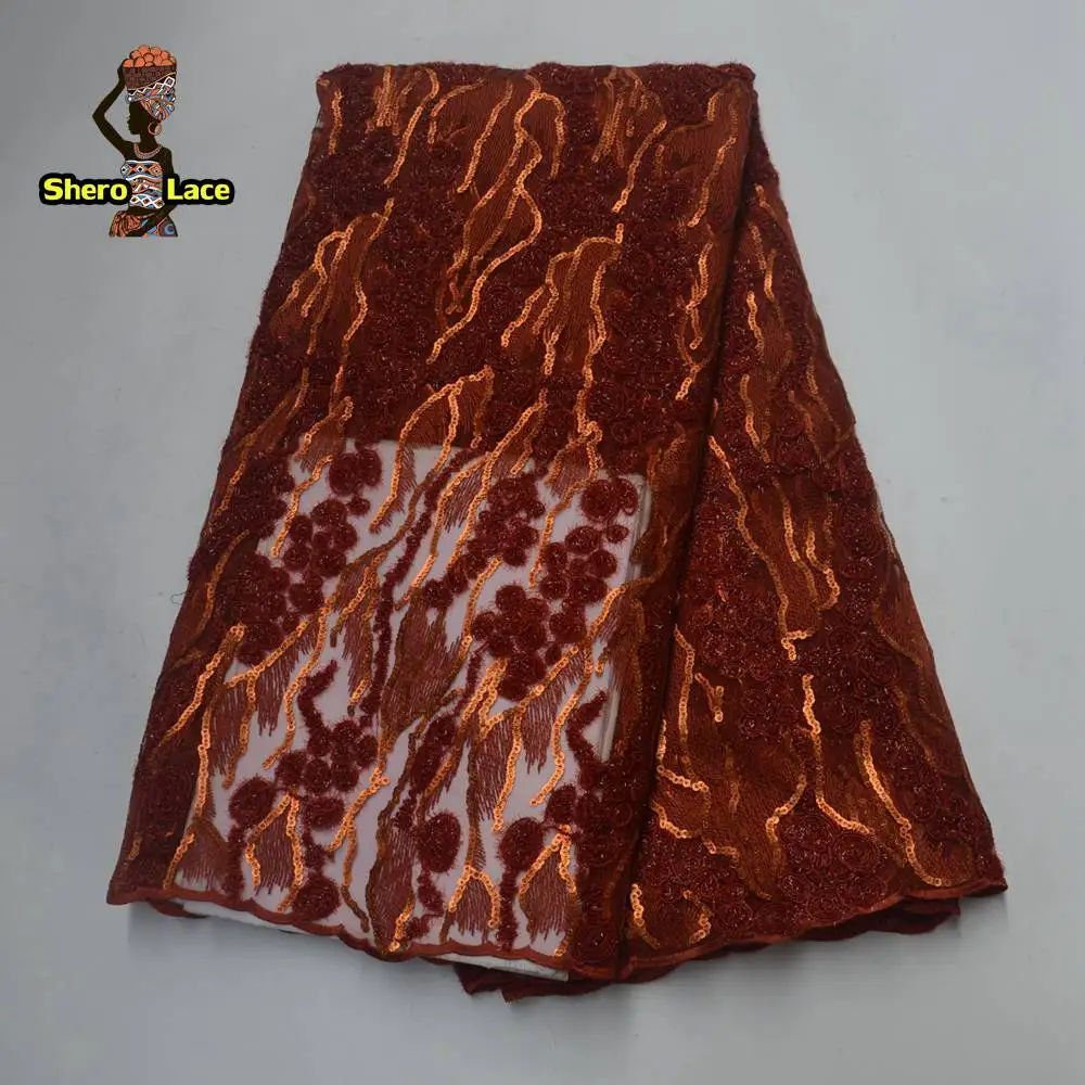 Нигерийская кружевная ткань Жженый оранжевый цвет африканская Французская ткань с блестками для свадебного платья - Цвет: color 1
