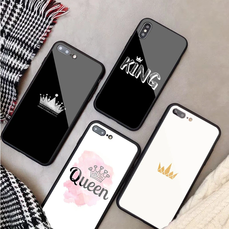 Cartoon Crown King and Queen Tempered Glass Phone Case For iphone 13 12 11 Pro Max 5 6 7 8 X XS XR XSMax Shell 12Pro Max Cover cute iphone 11 cases