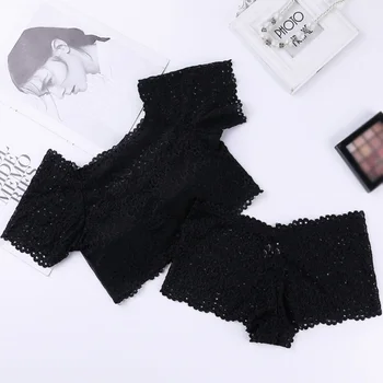

Women Underwear Set Sexy Off-the-shoulder High-elastic Lace Female Vest Underwear Set Short-sleeved Vest Boxer Sets