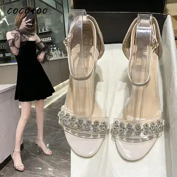 

2020 Summer New Rhinestone Word With High Heels Open Toe Temperament Fairy Wind Sandals Female Fine Heel Fashion Sexy