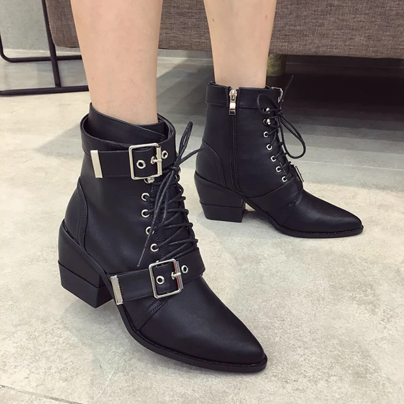 

Fashion women's boots Buckle lace-up high heel ankle boots belt buckle ladies thick heels Martin boots