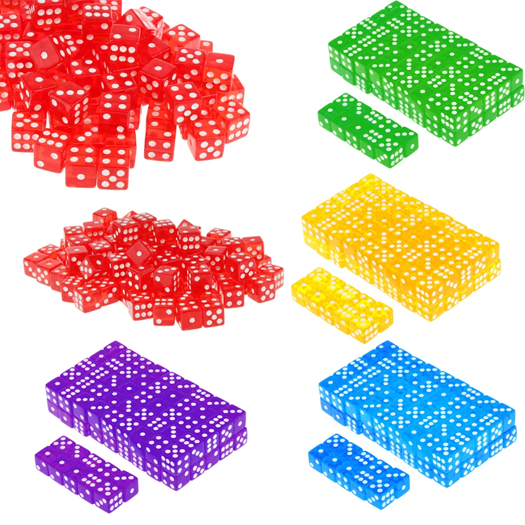 

100pcs/lot Funny Acrylic Translucent 16mm Six Sided Spot Dice Games Colorful Dice for Family Kids Party Club Game Supply Gift