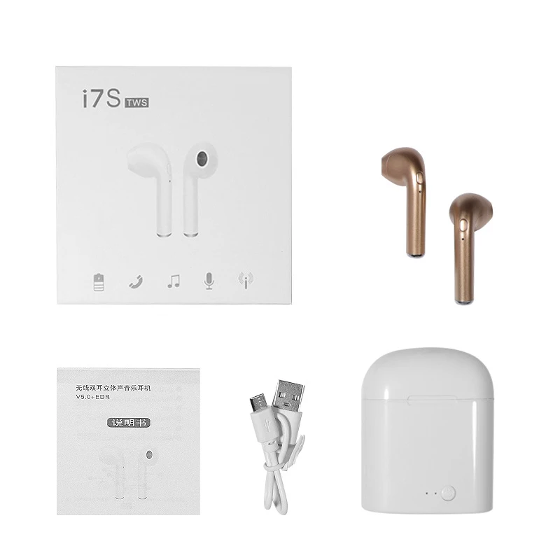 I7s Tws беспроводные bluetooth-наушники 5,0, наушники-вкладыши, стерео спортивные наушники с микрофоном, бинауральная зарядка - Название цвета: Золотой