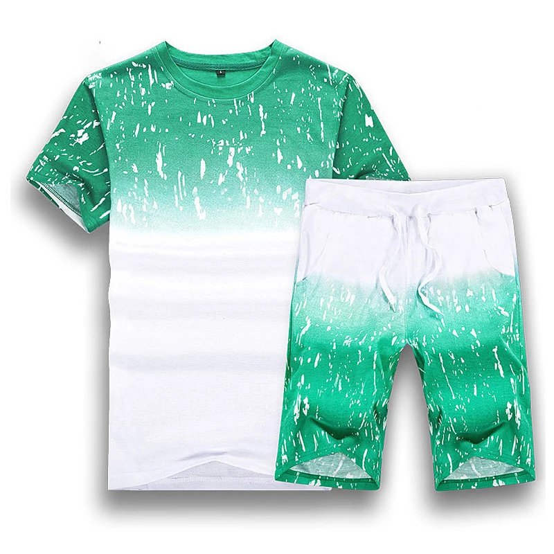 Summer Gradient Color Spots Two Piece Short Sleeve Man T-shirt Suit Casual Outdoor Sports Hiking Jogging T Shirt Shorts Men Set