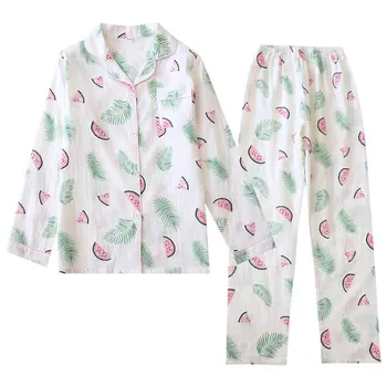 

Women Comfort Gauze Cotton Thin Loose Pajama Set Cartoon Watermelon&Leaves Printed Sleepwear Turn-down Neck Homewear For Spring