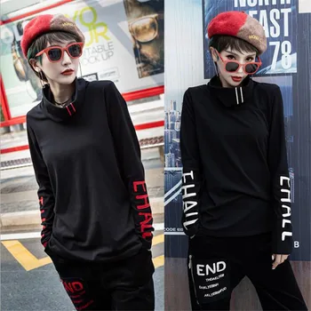 

2020 autumn winter new plush turtleneck women's t-shirt warm high quality Tops Red stripes letter print koszulki damskie punk