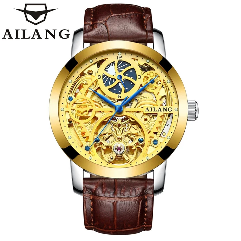 AILANG 2021 New Men's Watch Business Casual 50M Life Waterproof Hollow Fully Automatic Mechanical Leather Strap Watches 6812A