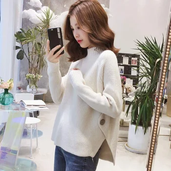 

Half High Collar Solid Color Sweaters For Women Korean Slit Sweet Pink Pullover Knitted Bottoming Autumn Jumper