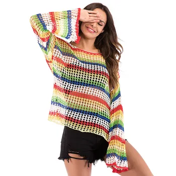 

Thin rainbow striped knitted hollow blouse autumn color contrast sweater women's loose pullover top