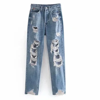 

New Women Summer Vintage Holes Ankle Length Jeans Fashion Female Pockets Casual Trousers Straight Loose Denim Pants