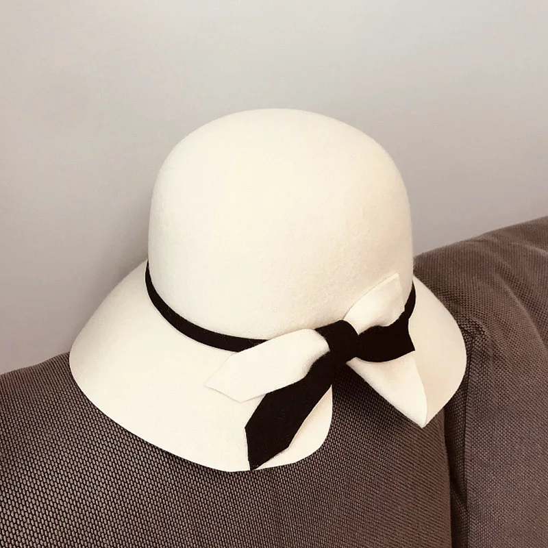 Claasical черная белая шерстяная фетровая шляпа, зимняя Ретро Складная фетровая шляпа с бантом и широкими полями для женщин, женская официальная церковный колокол-котелок