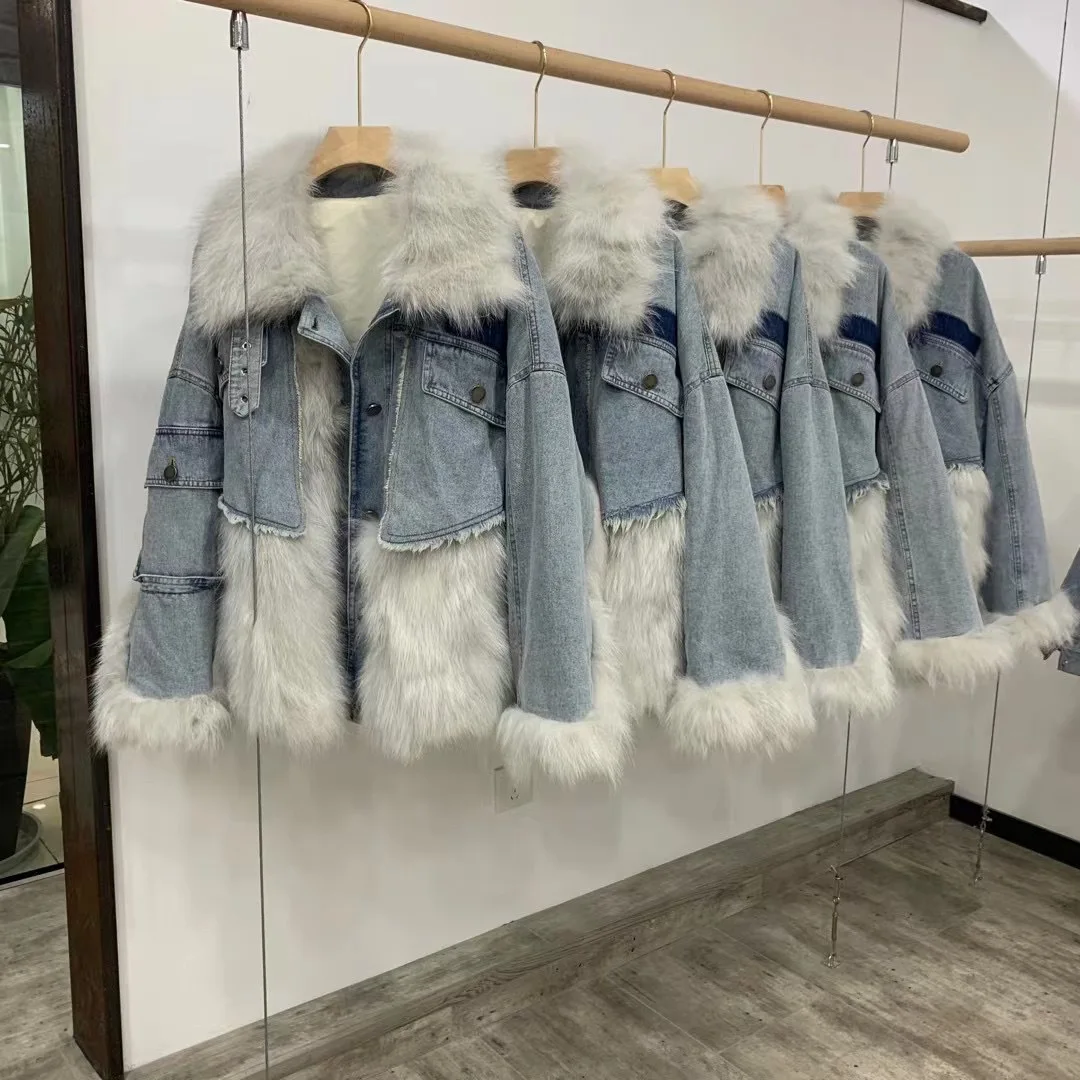 2021 new denim stitching raccoon fur coat young mid-length fox pie overcoat women | Женская одежда