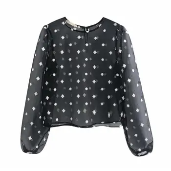 

Sexy transparent organza women blouse O neck long sleeve see through black shirts female party club chic tops blusas
