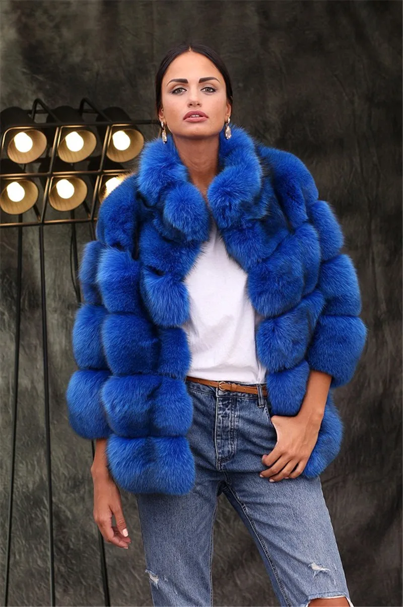 Модная ярко-синяя шуба из натурального Лисьего меха стоячий воротник натуральный оптовый синий лисий мех куртка для женщин зимнее роскошное пальто